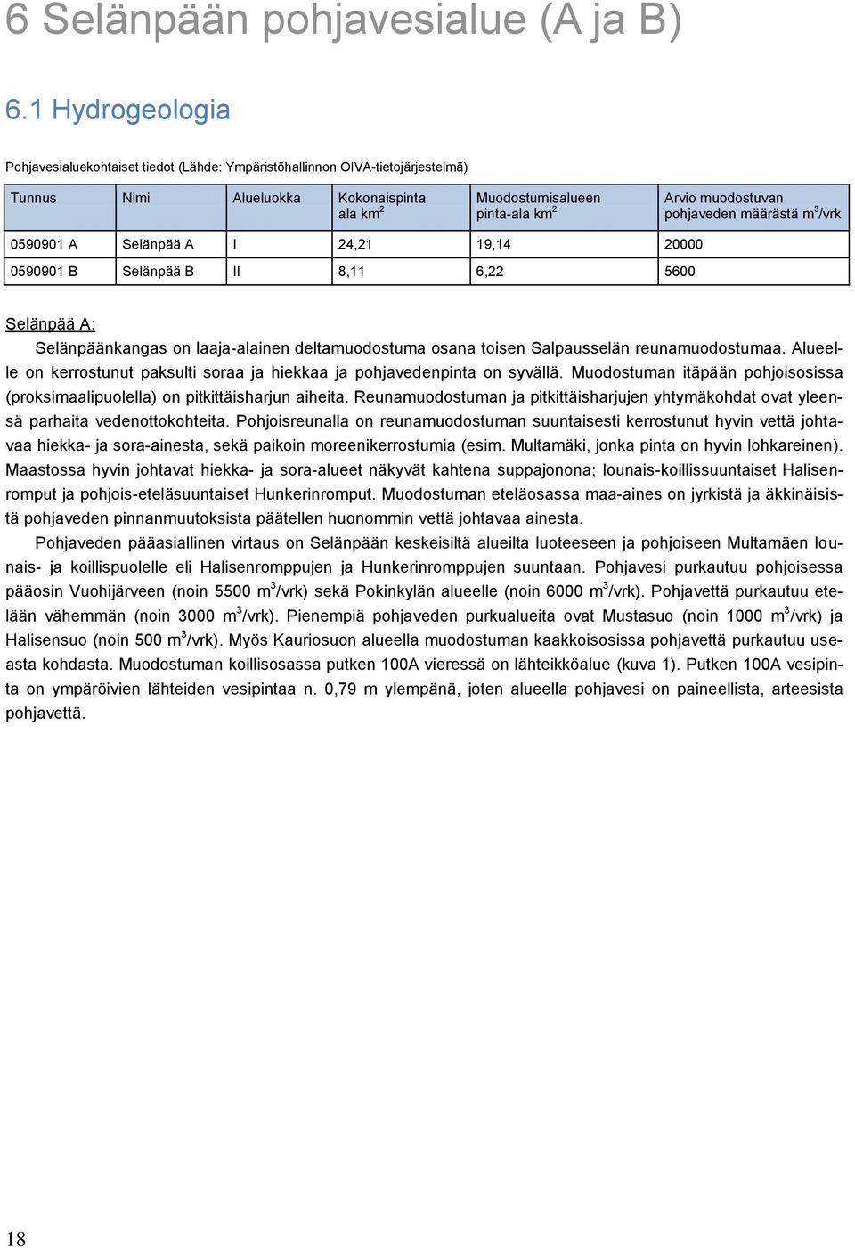 pohjaveden määrästä m 3 /vrk 0590901 A Selänpää A I 24,21 19,14 20000 0590901 B Selänpää B II 8,11 6,22 5600 Selänpää A: Selänpäänkangas on laaja-alainen deltamuodostuma osana toisen Salpausselän