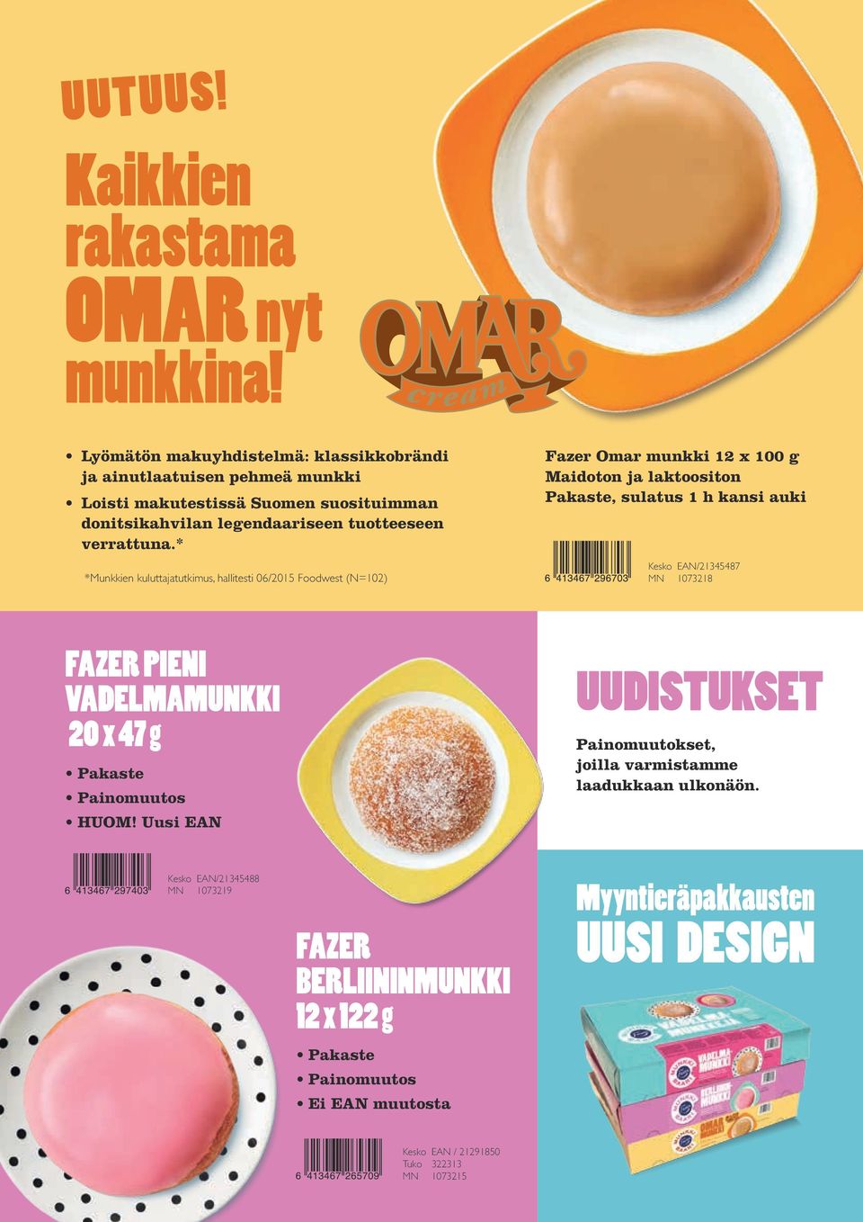 * *Munkkien kuluttajatutkimus, hallitesti 06/2015 Foodwest (N=102) Fazer Omar munkki 12 x 100 g Maidoton ja laktoositon Pakaste, sulatus 1 h kansi auki Kesko EAN/21345487 MN