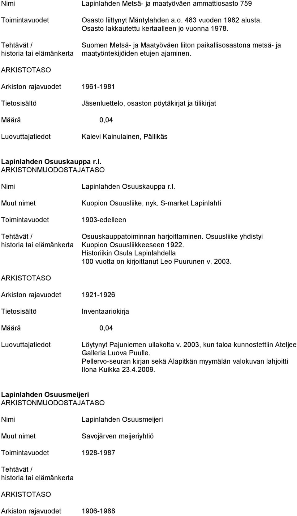 Arkiston rajavuodet 1961-1981 Jäsenluettelo, osaston pöytäkirjat ja tilikirjat Määrä 0,04 Kalevi Kainulainen, Pällikäs Lapinlahden Osuuskauppa r.l. Lapinlahden Osuuskauppa r.l. Kuopion Osuusliike, nyk.
