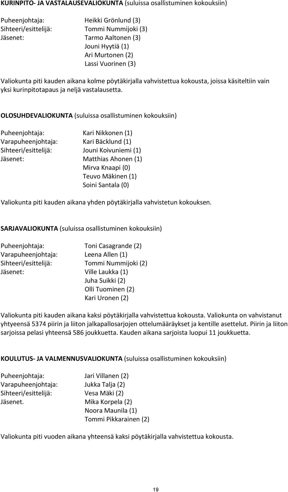 OLOSUHDEVALIOKUNTA (suluissa osallistuminen kokouksiin) Puheenjohtaja: Kari Nikkonen (1) Varapuheenjohtaja: Kari Bäcklund (1) Sihteeri/esittelijä: Jouni Koivuniemi (1) Jäsenet: Matthias Ahonen (1)
