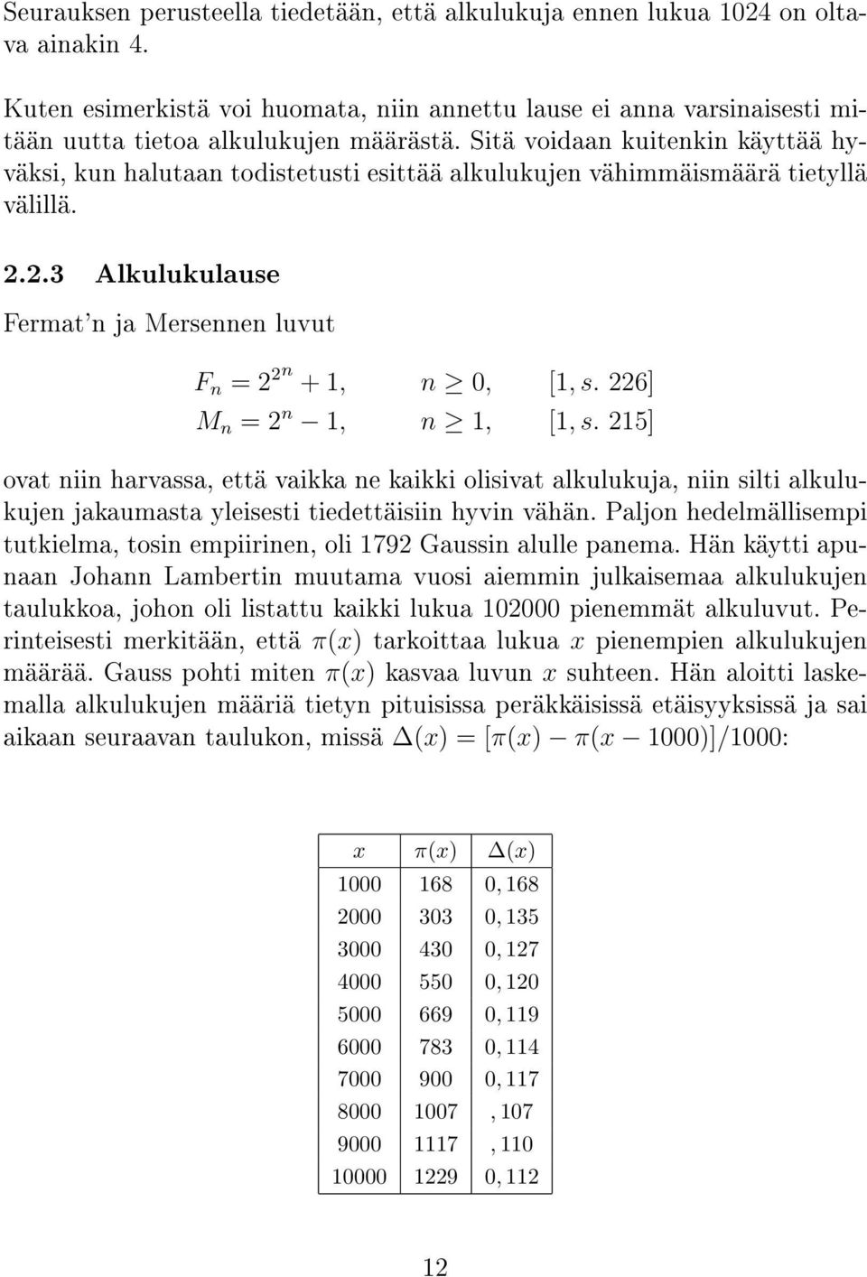 Sitä voidaan kuitenkin käyttää hyväksi, kun halutaan todistetusti esittää alkulukujen vähimmäismäärä tietyllä välillä. 2.2.3 Alkulukulause Fermat'n ja Mersennen luvut F n = 2 2n + 1, n 0, [1, s.
