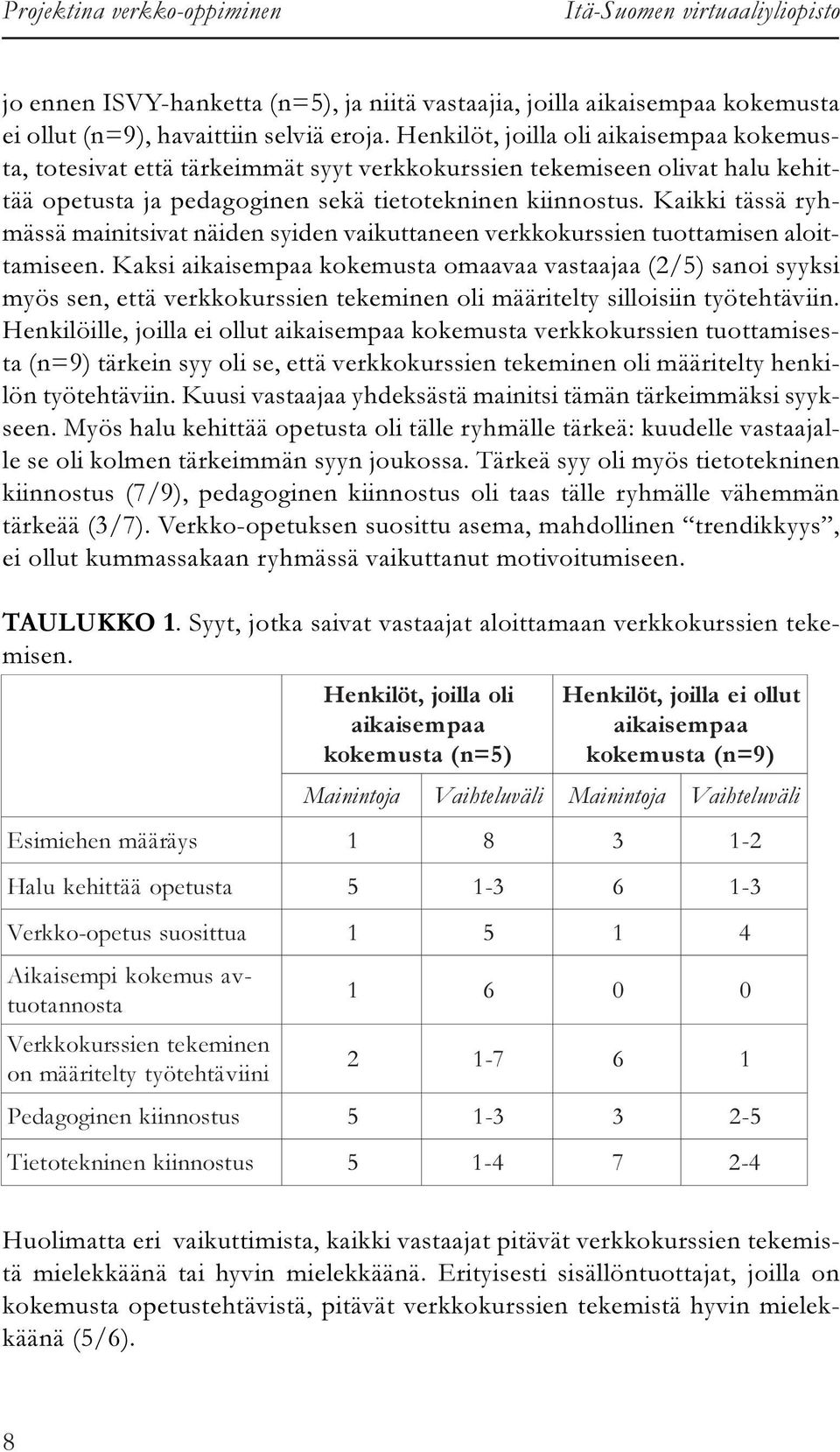 Kaikki tässä ryhmässä mainitsivat näiden syiden vaikuttaneen verkkokurssien tuottamisen aloittamiseen.