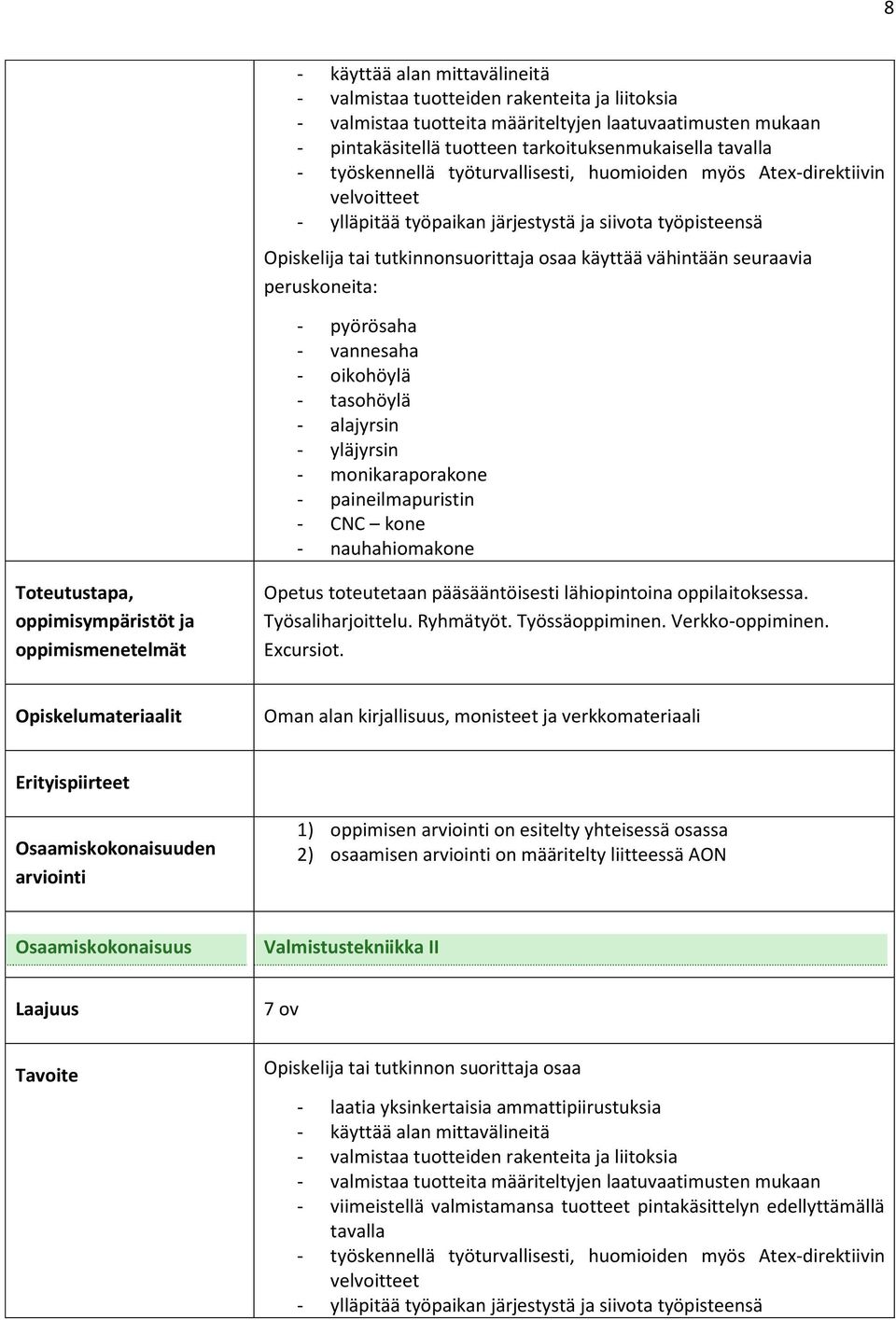 seuraavia peruskoneita: - pyörösaha - vannesaha - oikohöylä - tasohöylä - alajyrsin - yläjyrsin - monikaraporakone - paineilmapuristin - CNC kone - nauhahiomakone Opetus toteutetaan pääsääntöisesti