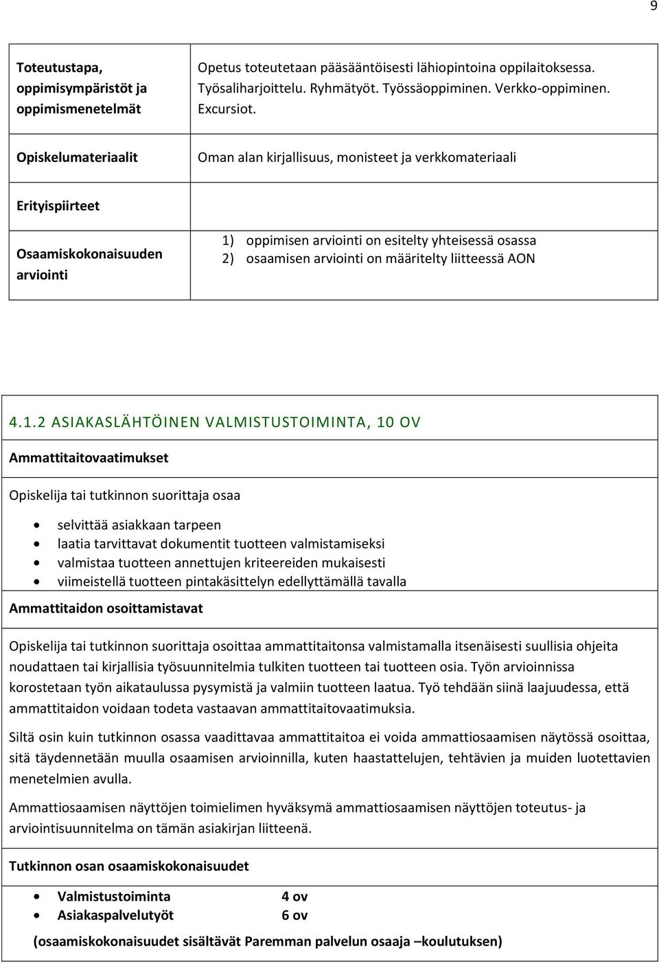 2 ASIAKASLÄHTÖINEN VALMISTUSTOIMINTA, 10 OV Ammattitaitovaatimukset Opiskelija tai tutkinnon suorittaja osaa selvittää asiakkaan tarpeen laatia tarvittavat dokumentit tuotteen valmistamiseksi