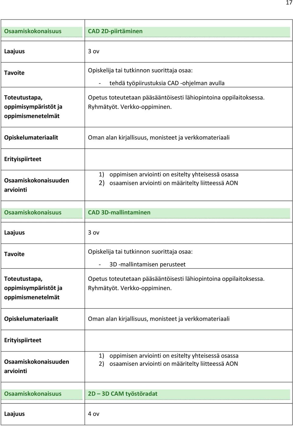 Oman alan kirjallisuus, monisteet ja verkkomateriaali 2) osaamisen on määritelty liitteessä AON CAD 3D-mallintaminen 3 ov - 3D