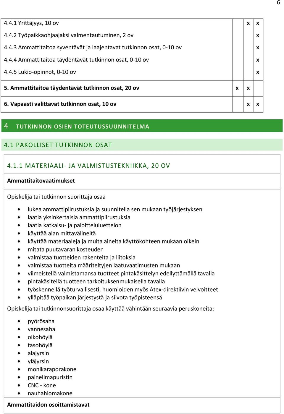 ov 5. Ammattitaitoa täydentävät tutkinnon osat, 20 ov 6. Vapaasti valittavat tutkinnon osat, 10