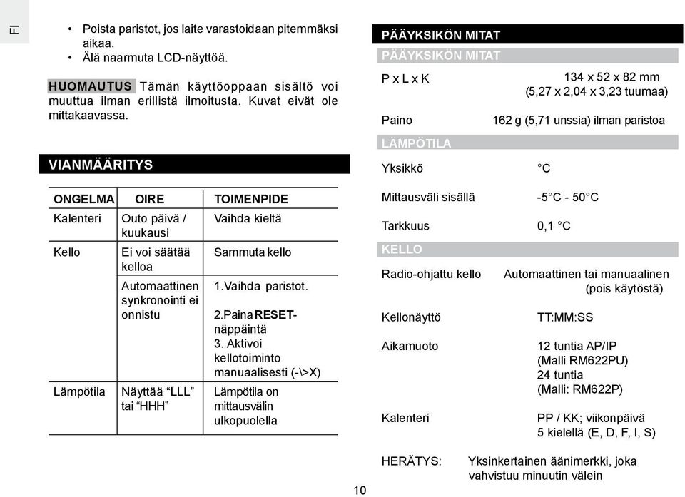 Outo päivä / Vaihda kieltä kuukausi Kello Ei voi säätää Sammuta kello kelloa Automaattinen 1.Vaihda paristot. synkronointi ei onnistu 2.Paina RESETnäppäintä 3.