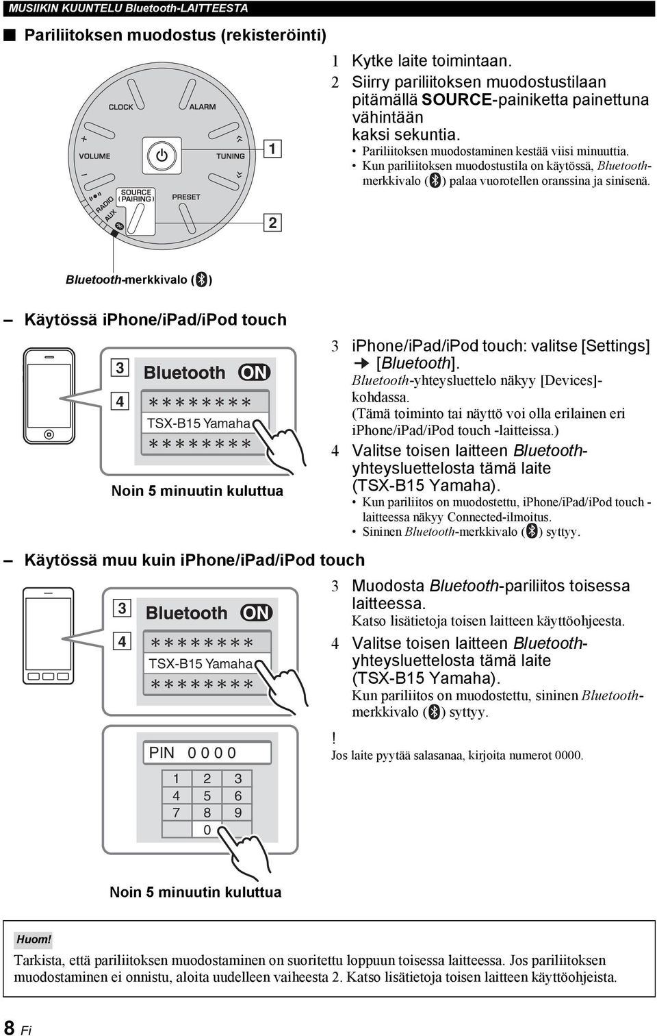 Kun pariliitoksen muodostustila on käytössä, Bluetoothmerkkivalo ( ) palaa vuorotellen oranssina ja sinisenä.