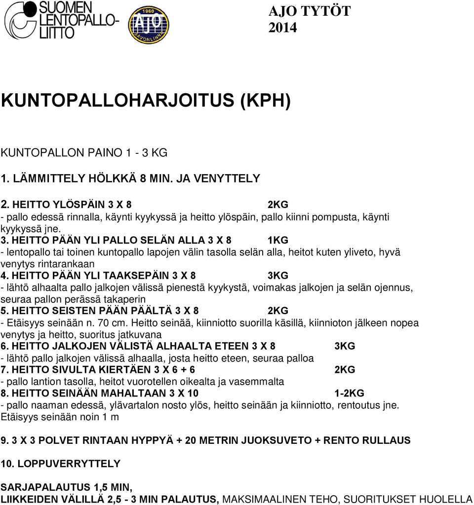 HEITTO PÄÄN YLI TAAKSEPÄIN 3 X 8 3KG - lähtö alhaalta pallo jalkojen välissä pienestä kyykystä, voimakas jalkojen ja selän ojennus, seuraa pallon perässä takaperin 5.