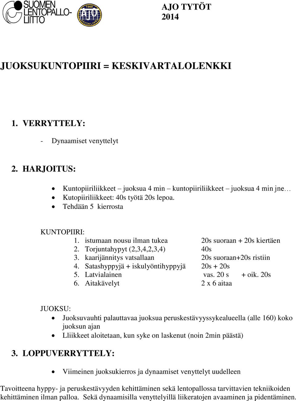 Satashyppyjä + iskulyöntihyppyjä 20s + 20s 5. Latvialainen vas. 20 s + oik. 20s 6.