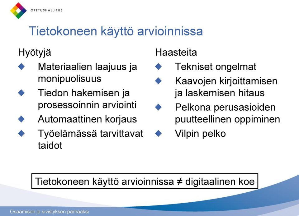 taidot Haasteita Tekniset ongelmat Kaavojen kirjoittamisen ja laskemisen hitaus Pelkona