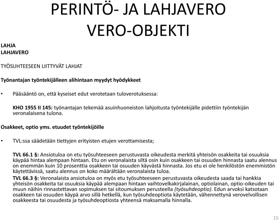 etuudet työntekijöille TVL:ssa säädetään tiettyjen erityisten etujen verottamisesta; TVL 66.