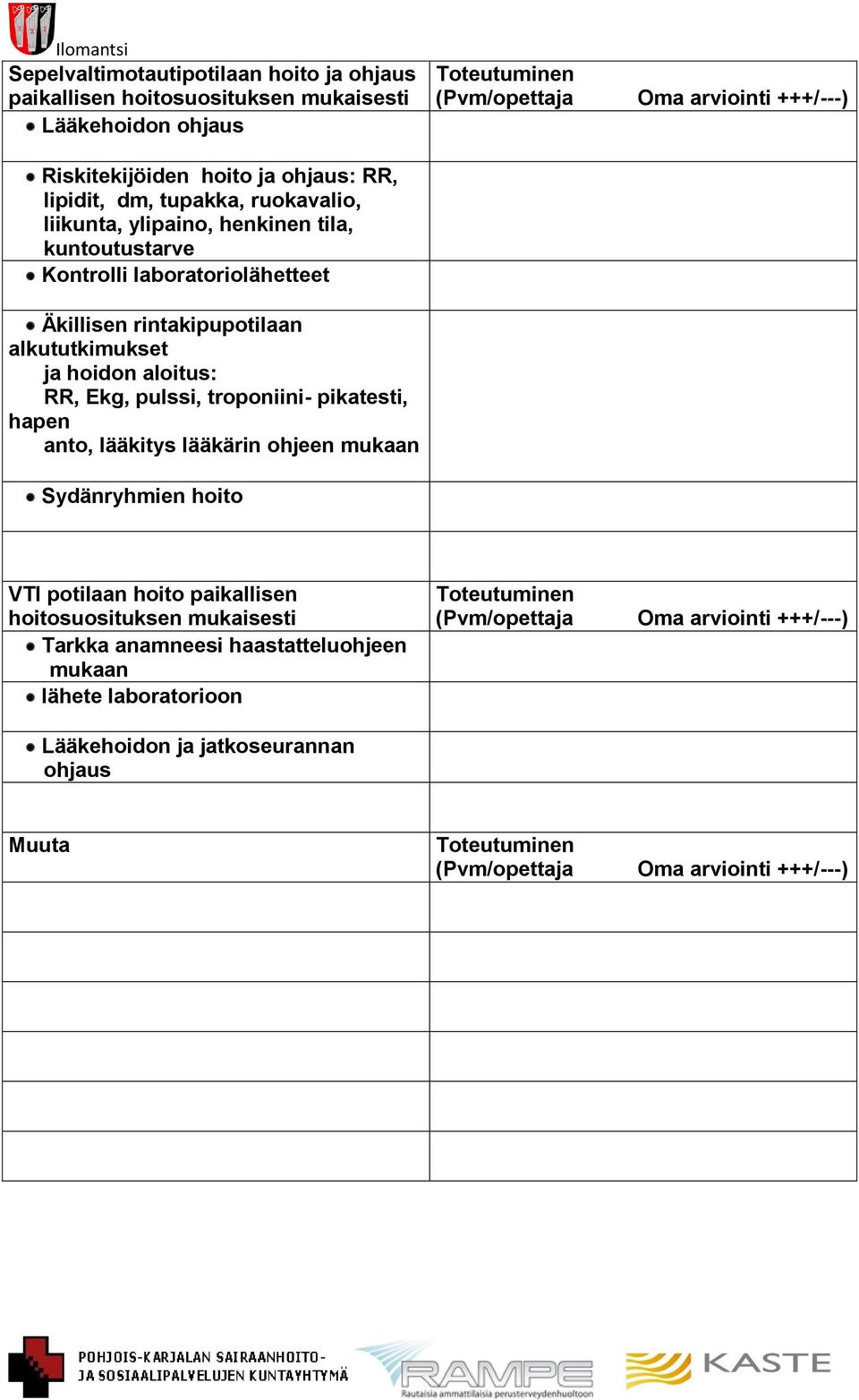 alkututkimukset ja hoidon aloitus: RR, Ekg, pulssi, troponiini- pikatesti, hapen anto, lääkitys lääkärin ohjeen mukaan Sydänryhmien hoito VTI