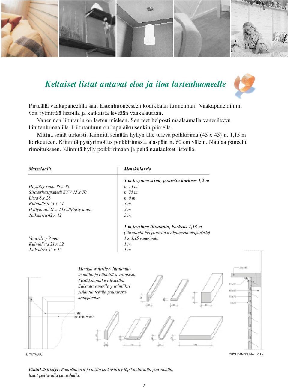 Kiinnitä seinään hyllyn alle tuleva poikkirima (45 x 45) n. 1,15 m korkeuteen. Kiinnitä pystyrimoitus poikkirimasta alaspäin n. 60 cm välein. Naulaa paneelit rimoitukseen.