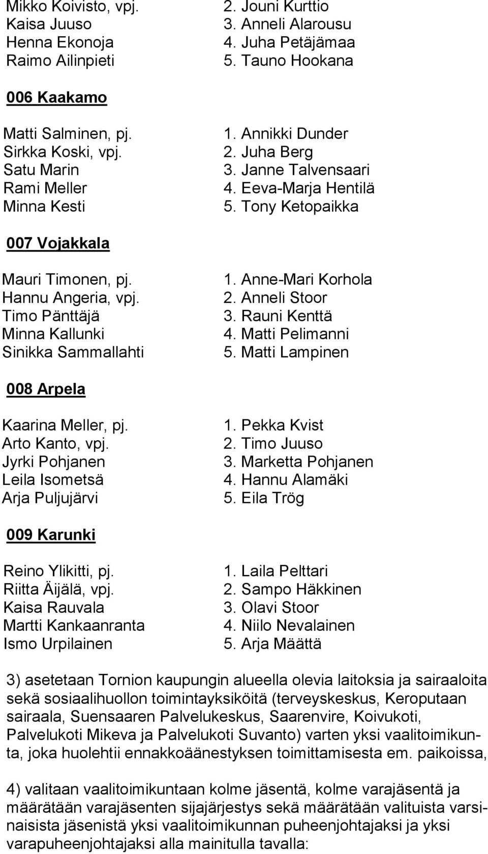 Timo Pänttäjä Minna Kallunki Sinikka Sammallahti 1. Anne-Mari Korhola 2. Anneli Stoor 3. Rauni Kenttä 4. Matti Pelimanni 5. Matti Lampinen 008 Arpela Kaarina Meller, pj. Arto Kanto, vpj.
