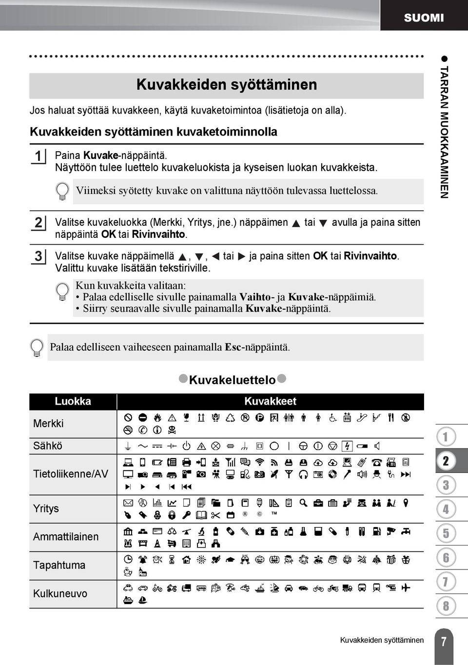 TARRAN MUOKKAAMINEN Valitse kuvakeluokka (Merkki, Yritys, jne.) näppäimen tai avulla ja paina sitten näppäintä OK tai Rivinvaihto. Valitse kuvake näppäimellä,, tai ja paina sitten OK tai Rivinvaihto.