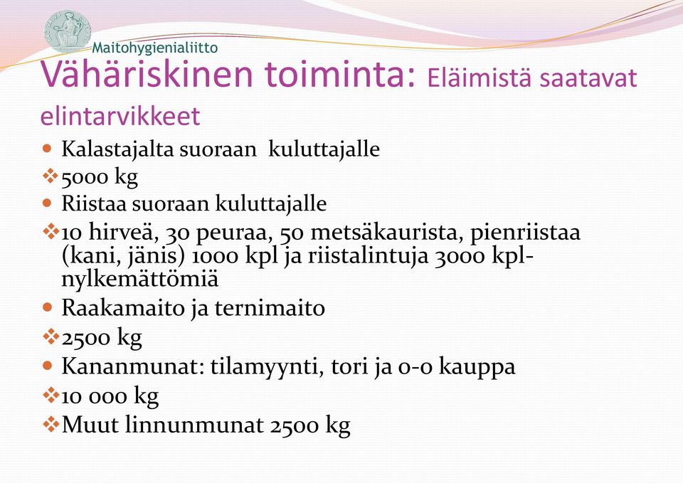 metsäkaurista, pienriistaa (kani, jänis) 1000 kpl ja riistalintuja 3000