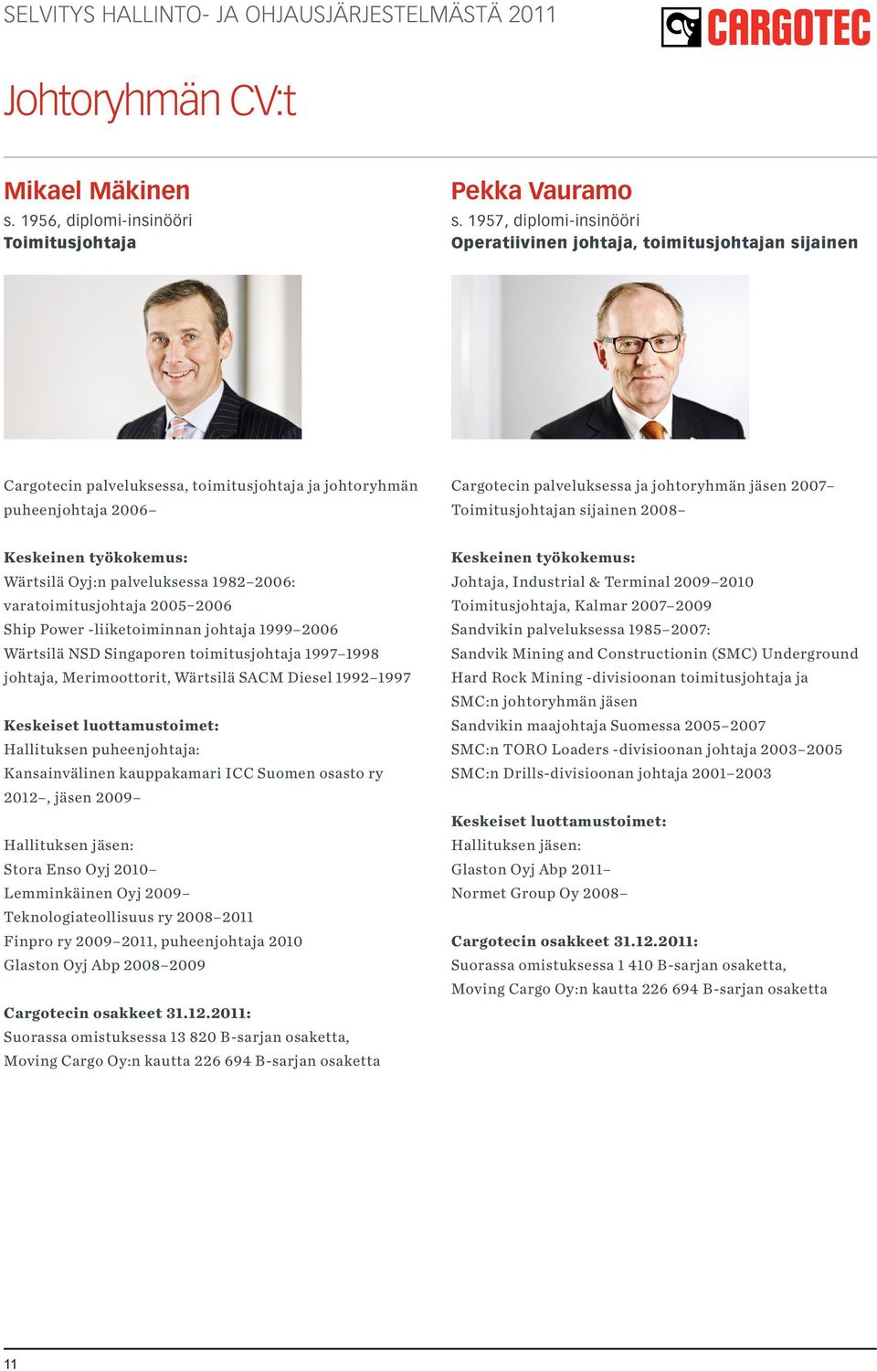 Toimitusjohtajan sijainen 2008 Wärtsilä Oyj:n palveluksessa 1982 2006: varatoimitusjohtaja 2005 2006 Ship Power -liiketoiminnan johtaja 1999 2006 Wärtsilä NSD Singaporen toimitusjohtaja 1997 1998