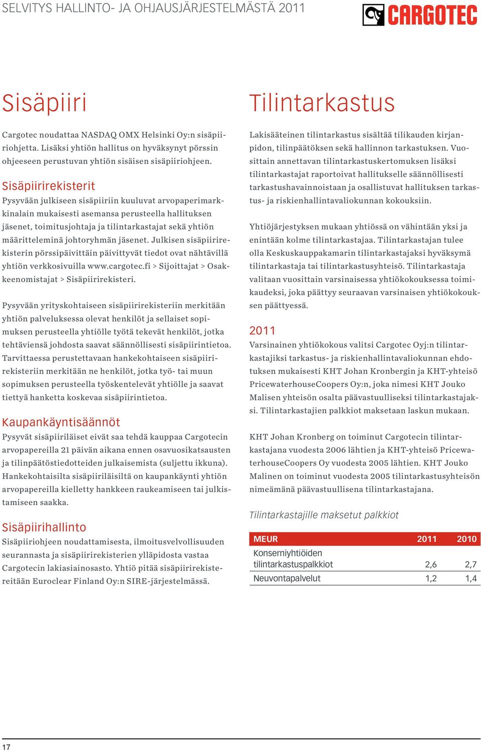 johtoryhmän jäsenet. Julkisen sisäpiirirekisterin pörssipäivittäin päivittyvät tiedot ovat nähtävillä yhtiön verkkosivuilla www.cargotec.fi > Sijoittajat > Osakkeenomistajat > Sisäpiirirekisteri.