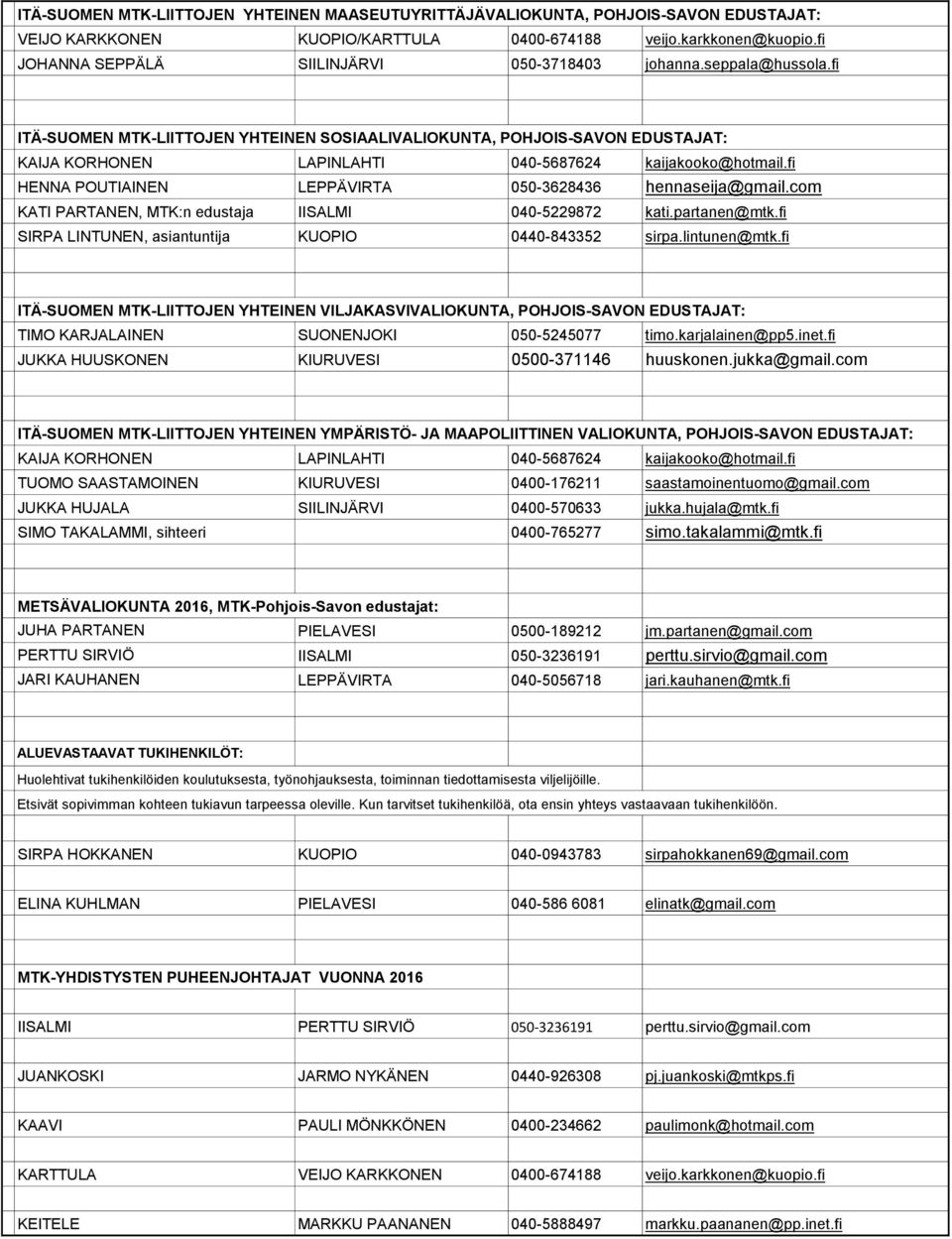 fi ITÄ-SUOMEN MTK-LIITTOJEN YHTEINEN SOSIAALIVALIOKUNTA, POHJOIS-SAVON EDUSTAJAT: KAIJA KORHONEN LAPINLAHTI 040-5687624 kaijakooko@hotmail.fi HENNA POUTIAINEN LEPPÄVIRTA 050-3628436 hennaseija@gmail.