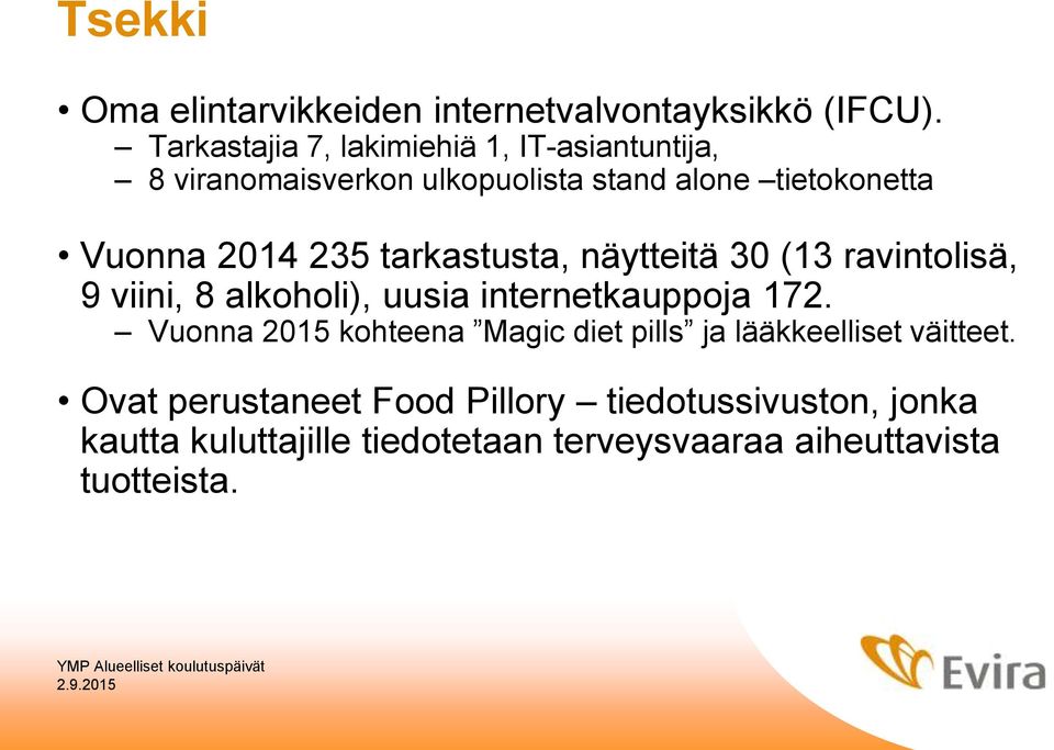 235 tarkastusta, näytteitä 30 (13 ravintolisä, 9 viini, 8 alkoholi), uusia internetkauppoja 172.