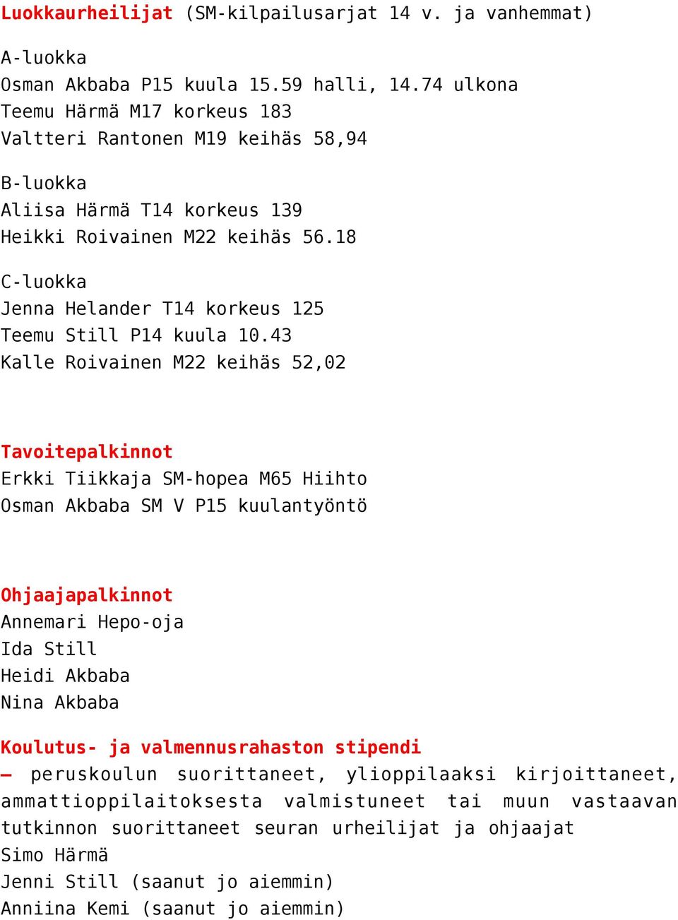 18 C-luokka Jenna Helander T14 korkeus 125 Teemu Still P14 kuula 10.