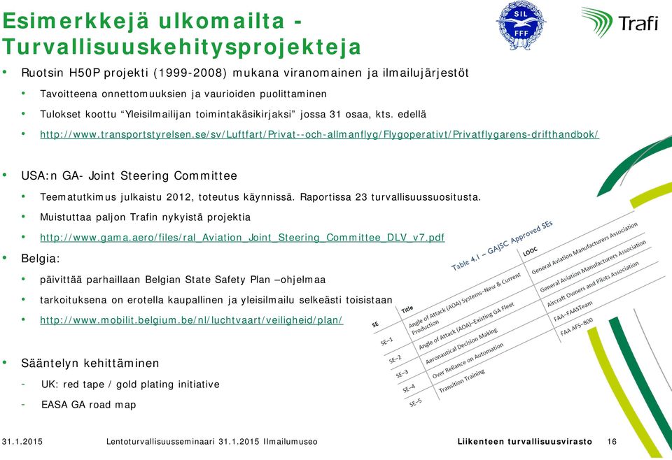se/sv/luftfart/privat--och-allmanflyg/flygoperativt/privatflygarens-drifthandbok/ USA:n GA- Joint Steering Committee Teematutkimus julkaistu 2012, toteutus käynnissä.