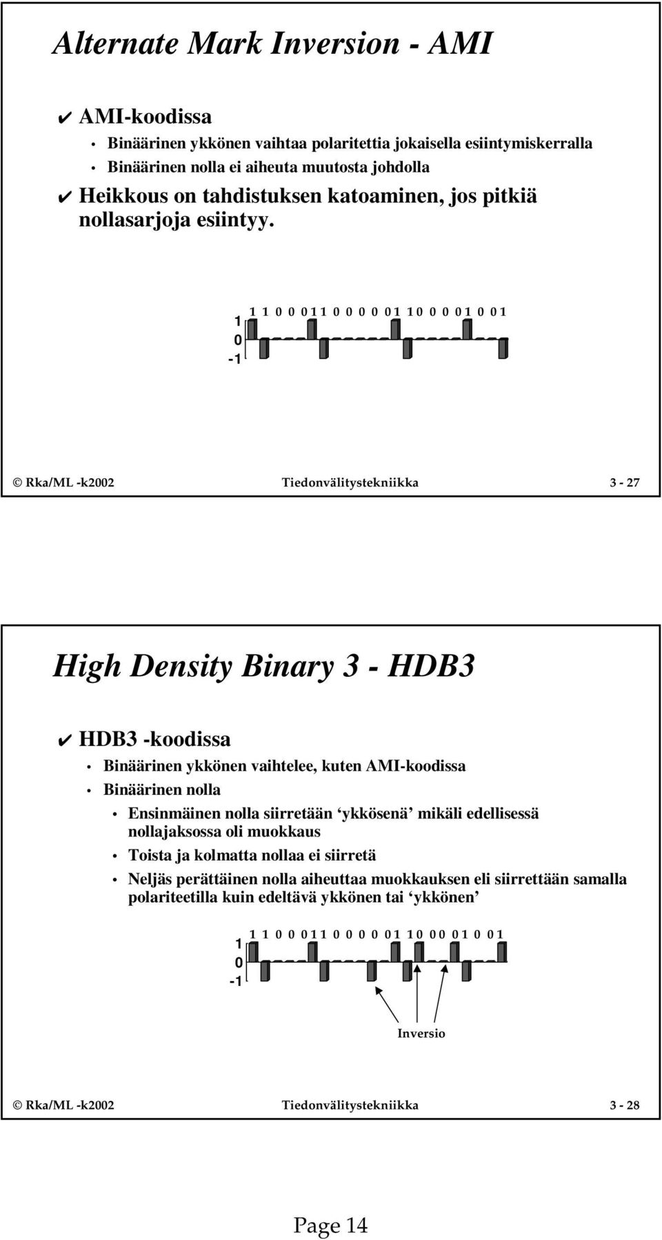 - Rka/ML -k Tiedonvälitystekniikka - 7 High Density Binary - HDB HDB -koodissa Binäärinen ykkönen vaihtelee, kuten MI-koodissa Binäärinen nolla ÿ Ensinmäinen nolla