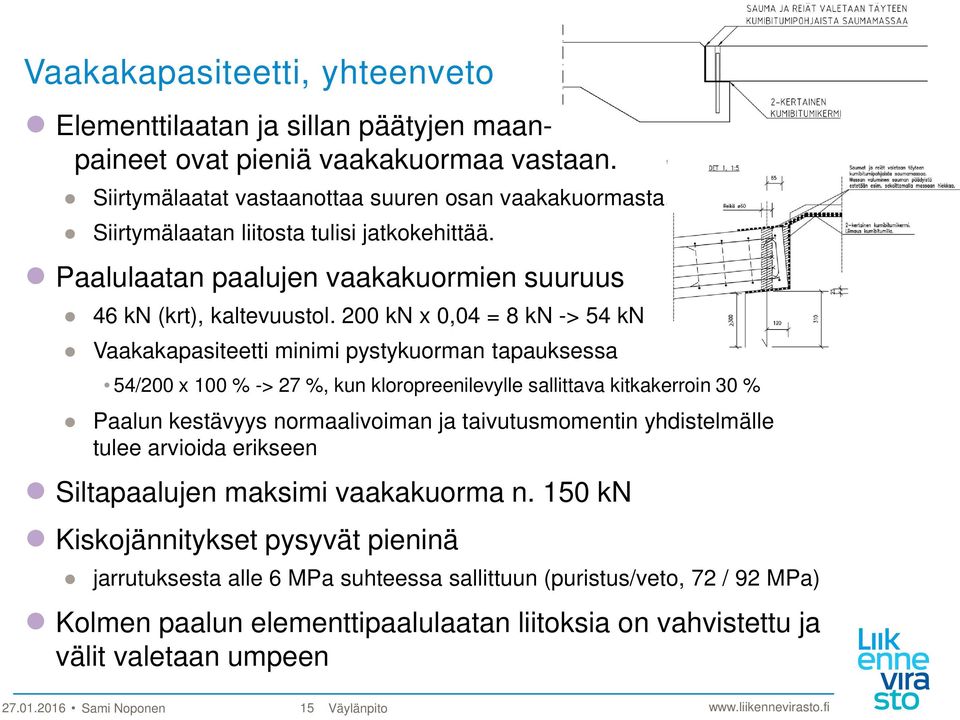 200 kn x 0,04 = 8 kn -> 54 kn Vaakakapasiteetti minimi pystykuorman tapauksessa 54/200 x 100 % -> 27 %, kun kloropreenilevylle sallittava kitkakerroin 30 % Paalun kestävyys normaalivoiman ja