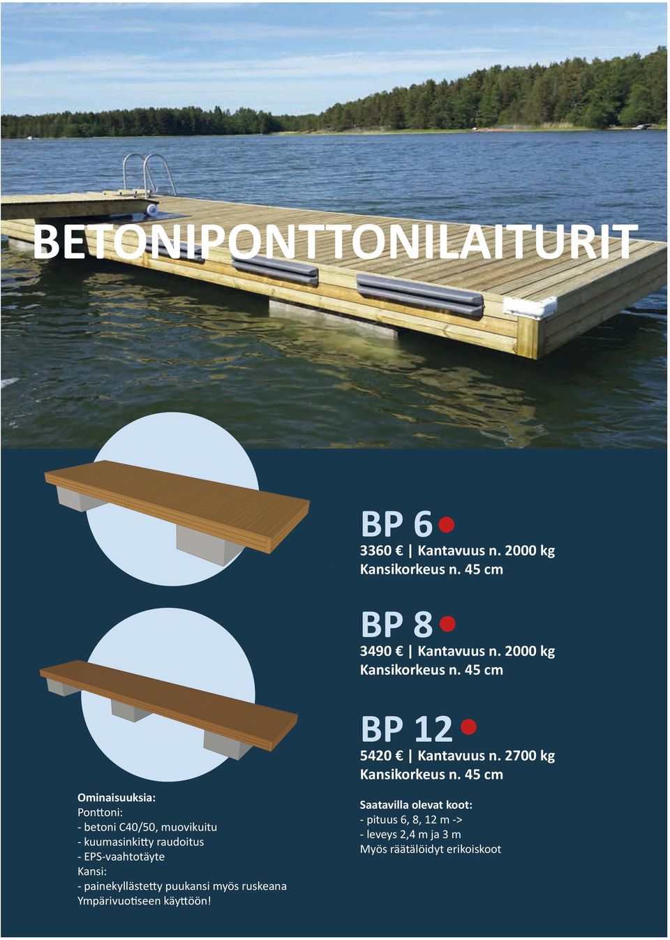 45 cm Ominaisuuksia: Ponttoni: - betoni C40/50, muovikuitu - kuumasinkitty raudoitus - EPS-vaahtotäyte Kansi: -