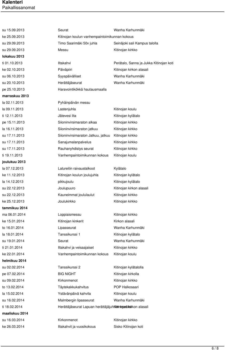 10.2013 marraskuu 2013 la 02.11.2013 Haravointikökkä hautausmaalla Pyhäinpäivän messu la 09.11.2013 Lastenjuhla Kitinojan koulu ti 12.11.2013 Jätevesi ilta Kitinojan kylätalo pe 15.11.2013 Siioninvirsimaraton alkaa Kitinojan kirkko la 16.