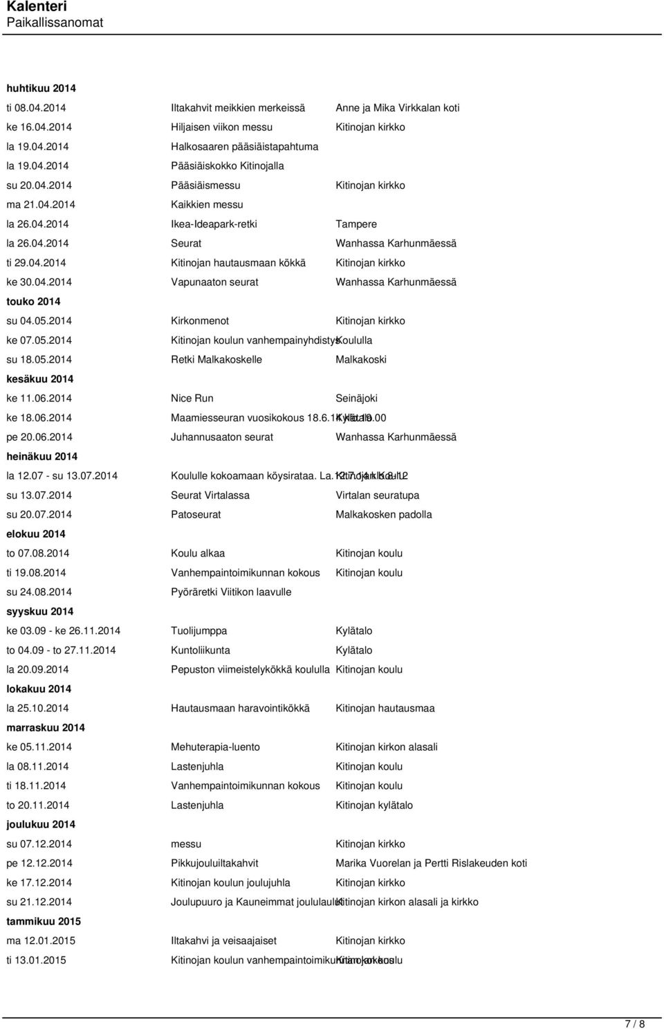 04.2014 Vapunaaton seurat Wanhassa Karhunmäessä touko 2014 su 04.05.2014 Kirkonmenot Kitinojan kirkko ke 07.05.2014 Kitinojan koulun vanhempainyhdistyskoululla su 18.05.2014 Retki Malkakoskelle Malkakoski kesäkuu 2014 ke 11.