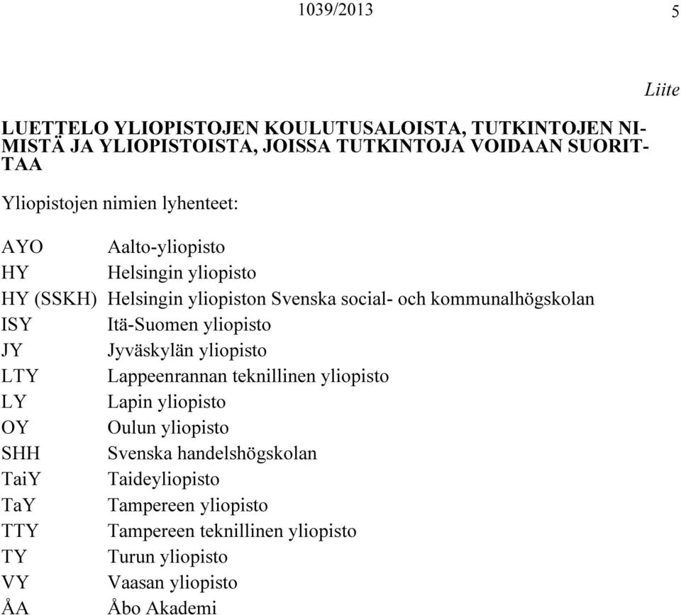 kommunalhögskolan ISY Itä-Suomen yliopisto JY Jyväskylän yliopisto LTY Lappeenrannan teknillinen yliopisto LY Lapin yliopisto OY Oulun