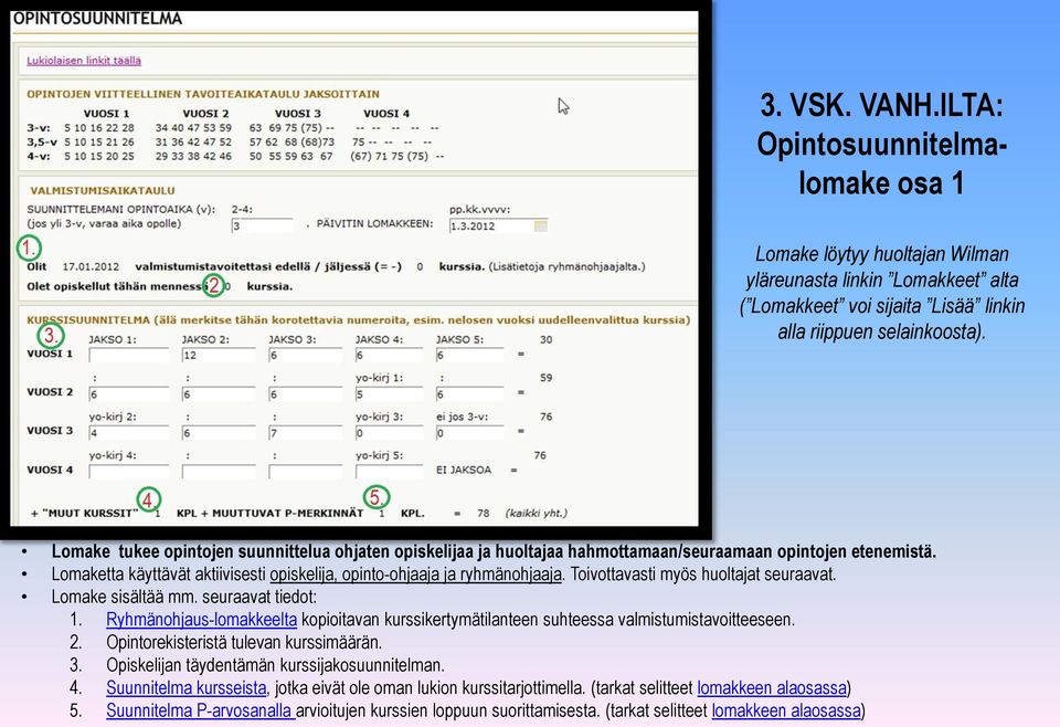 Toivottavasti myös huoltajat seuraavat. Lomake sisältää mm. seuraavat tiedot: 1. Ryhmänohjaus-lomakkeelta kopioitavan kurssikertymätilanteen suhteessa valmistumistavoitteeseen. 2.