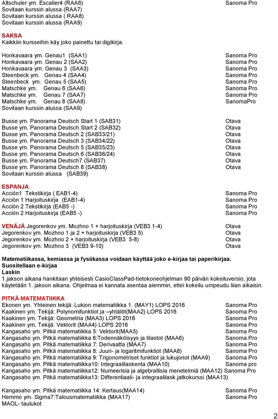 Genau 8 (SAA8) SanomaPro Sovitaan kurssin alussa (SAA9) Busse ym. Panorama Deutsch Start 1 (SAB31) Busse ym. Panorama Deutsch Start 2 (SAB32) Busse ym. Panorama Deutsch 2 (SAB33/21) Busse ym.