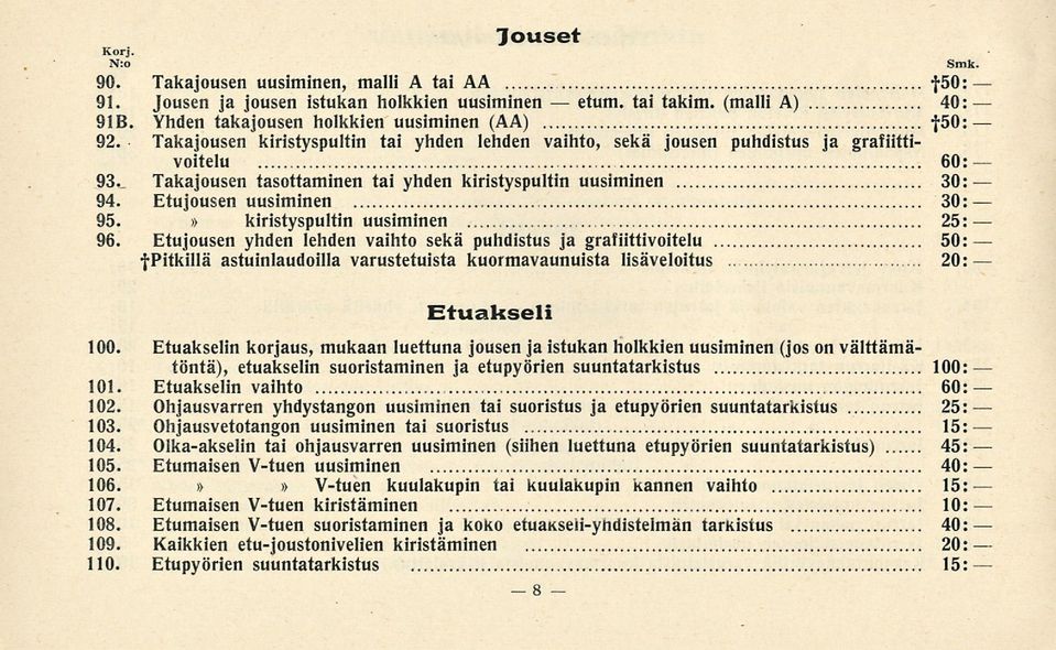 » kiristyspultin uusiminen 25: 96. Etujousen yhden lehden vaihto sekä puhdistus ja grafiittivoitelu 50: fpitkillä astuinlaudoilla varustetuista kuormavaunuista lisäveloitus 20: Etuakseli 100.