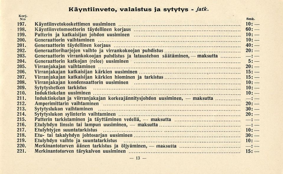 Generaattorin virrankokoojan puhdistus ja lataustehon säätäminen, : 204. Generaattorin katkojan (relee) uusiminen 5: 205. Virranjakajan vaihtaminen 20: 206.