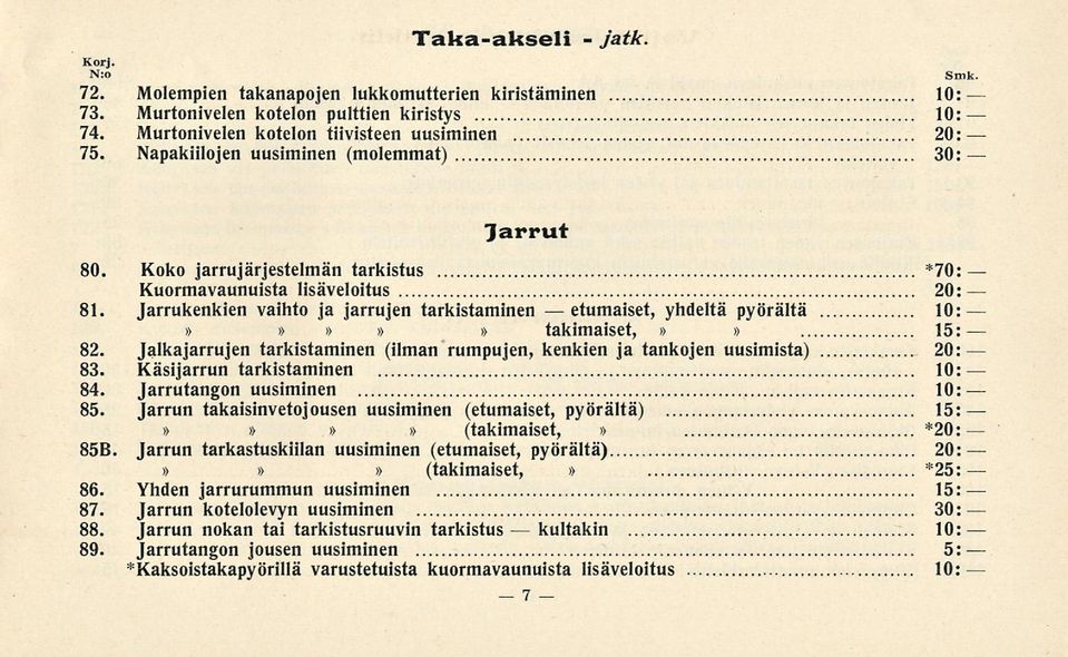 Jarrukenkien vaihto ja jarrujen tarkistaminen etumaiset, yhdeltä pyörältä 10:»»»»» takimaiset,»» 15: 82. Jalkajarrujen tarkistaminen (ilman rumpujen, kenkien ja tankojen uusimista) 20: 83.