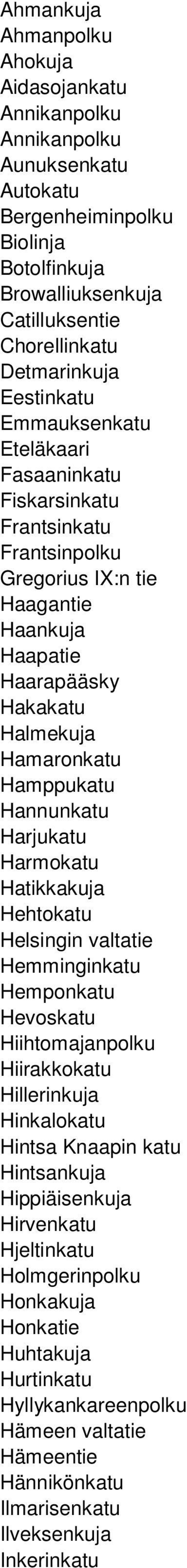 Hannunkatu Harjukatu Harmokatu Hatikkakuja Hehtokatu Helsingin valtatie Hemminginkatu Hemponkatu Hevoskatu Hiihtomajanpolku Hiirakkokatu Hillerinkuja Hinkalokatu Hintsa Knaapin katu