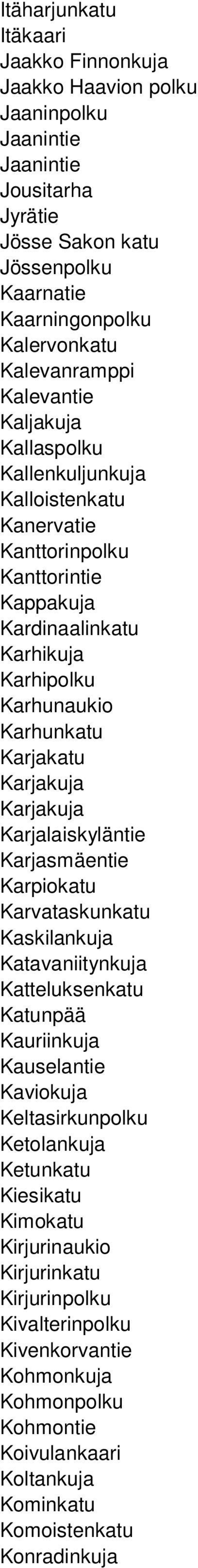 Karjakatu Karjakuja Karjakuja Karjalaiskyläntie Karjasmäentie Karpiokatu Karvataskunkatu Kaskilankuja Katavaniitynkuja Katteluksenkatu Katunpää Kauriinkuja Kauselantie Kaviokuja