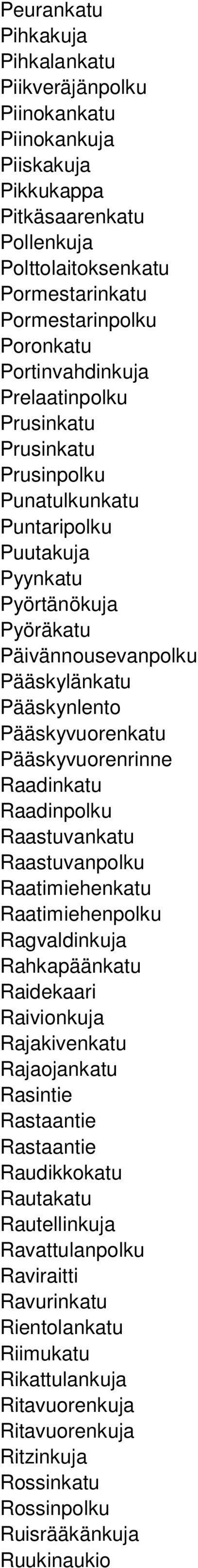 Pääskyvuorenrinne Raadinkatu Raadinpolku Raastuvankatu Raastuvanpolku Raatimiehenkatu Raatimiehenpolku Ragvaldinkuja Rahkapäänkatu Raidekaari Raivionkuja Rajakivenkatu Rajaojankatu Rasintie