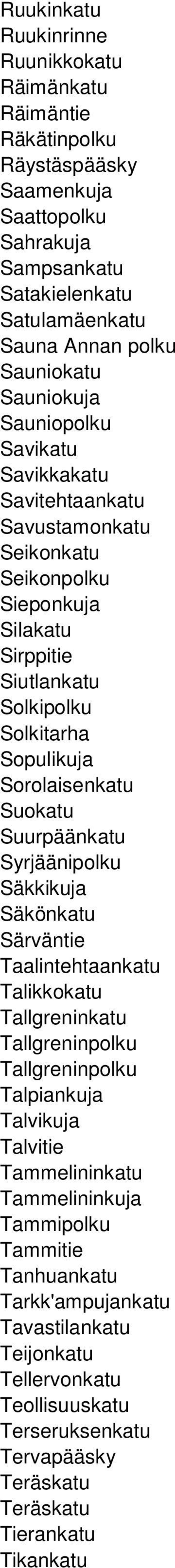 Suokatu Suurpäänkatu Syrjäänipolku Säkkikuja Säkönkatu Särväntie Taalintehtaankatu Talikkokatu Tallgreninkatu Tallgreninpolku Tallgreninpolku Talpiankuja Talvikuja Talvitie Tammelininkatu