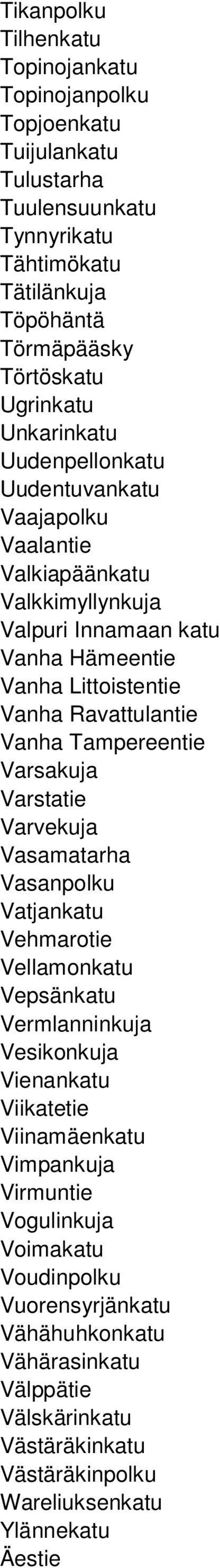 Tampereentie Varsakuja Varstatie Varvekuja Vasamatarha Vasanpolku Vatjankatu Vehmarotie Vellamonkatu Vepsänkatu Vermlanninkuja Vesikonkuja Vienankatu Viikatetie Viinamäenkatu