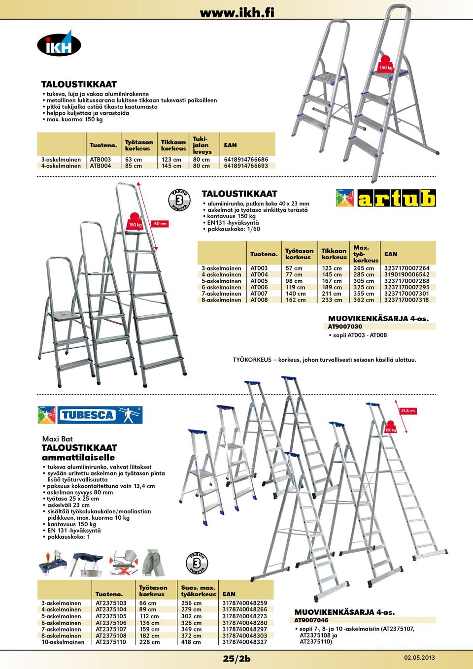 Työtason Tikkaan Tukijalan leveys EAN 3-askelmainen ATB003 63 cm 123 cm 80 cm 6418914766686 4-askelmainen ATB004 85 cm 145 cm 80 cm 6418914766693 150 kg 60 cm TALOUSTIKKAAT alumiinirunko, putken koko