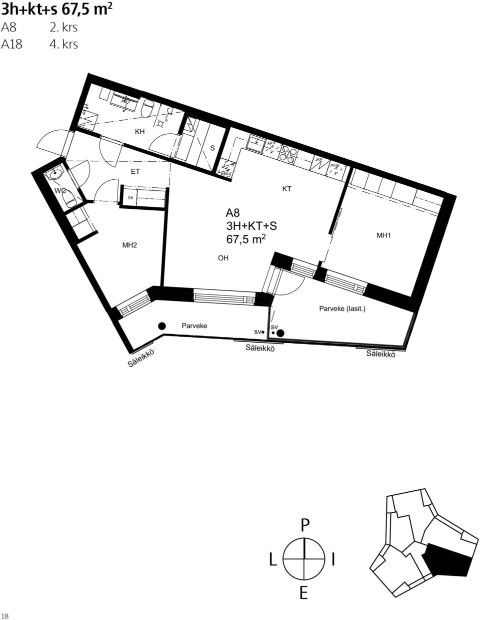 JKvar. 11 12 13 14 15 16 WC K MH2 A8 3H++ 67,5 m 2 MH1 11 12 13 14 arveke 1 15 16 arveke (lasit.