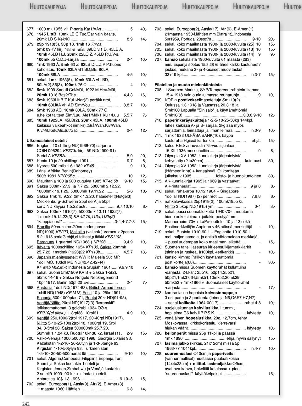 1mk 1963 Å, 5mk 63 Z, 63LB D,L,Z,P P:huono kohdistus, 10mk 63LA vl1 BD,BE, 80LA, 100mk 86LA... 4-5 10,- 681. sekal. 1mk 1963(5), 10mk 63LA vl1 BD, 80LA(2),86(3), 100mk 76 C... 4 10,- 682.