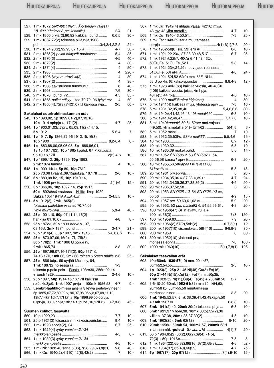 .. 4-5 40,- 533. 2 mk 1872(2)... 4 30,- 534. 2 mk 1874(4)... 4 50,- 535. 2 mk 1905... 4 220,- 536. 2 mk 1906 lyhyt murtoviiva(2)... 4 30,- 537. 2 mk 1907(2)... 4 36,- 538.