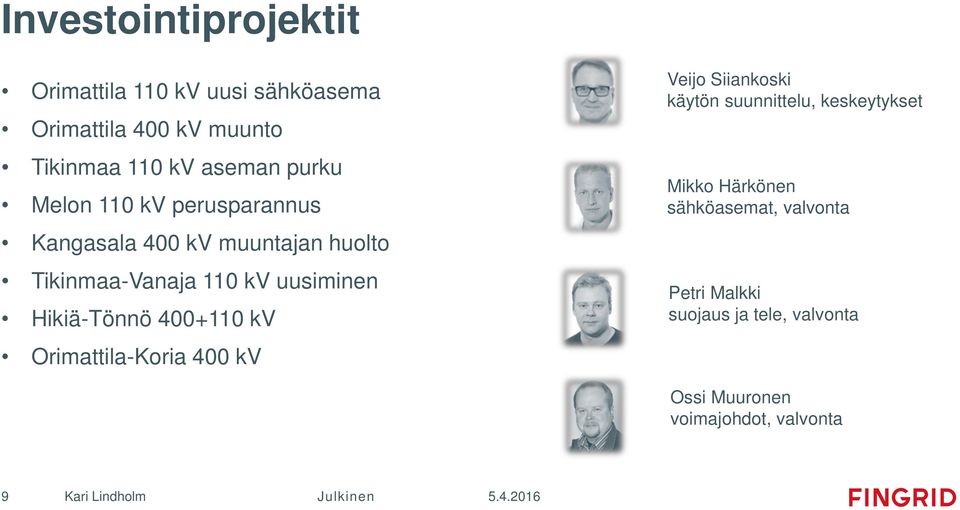 Hikiä-Tönnö 400+110 kv Orimattila-Koria 400 kv Veijo Siiankoski käytön suunnittelu, keskeytykset Mikko