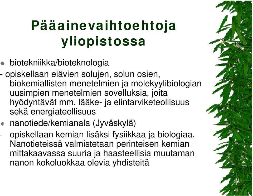 lääke- ja elintarviketeollisuus sekä energiateollisuus nanotiede/kemianala (Jyväskylä) - opiskellaan kemian