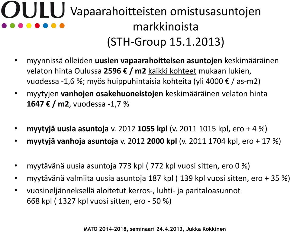 (yli 4000 / as-m2) myytyjen vanhojen osakehuoneistojen keskimääräinen velaton hinta 1647 / m2, vuodessa -1,7 % myytyjä uusia asuntoja v. 2012 1055 kpl (v.